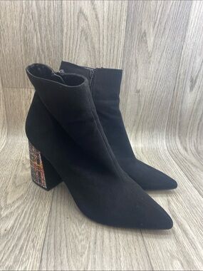 Betsey Johnson black suede ankle boot with multicolor beaded block heel